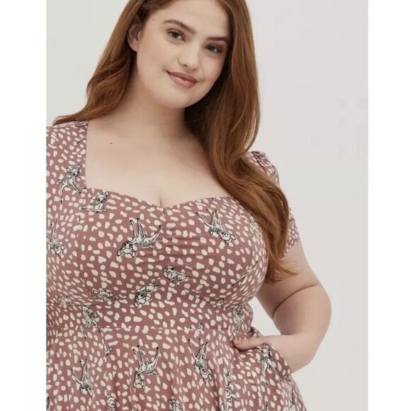 Disney Bambi Shirred Bodice Skater Dress 2X Stretch Challis‎ Muave Feminine Chic - Picture 4 of 9